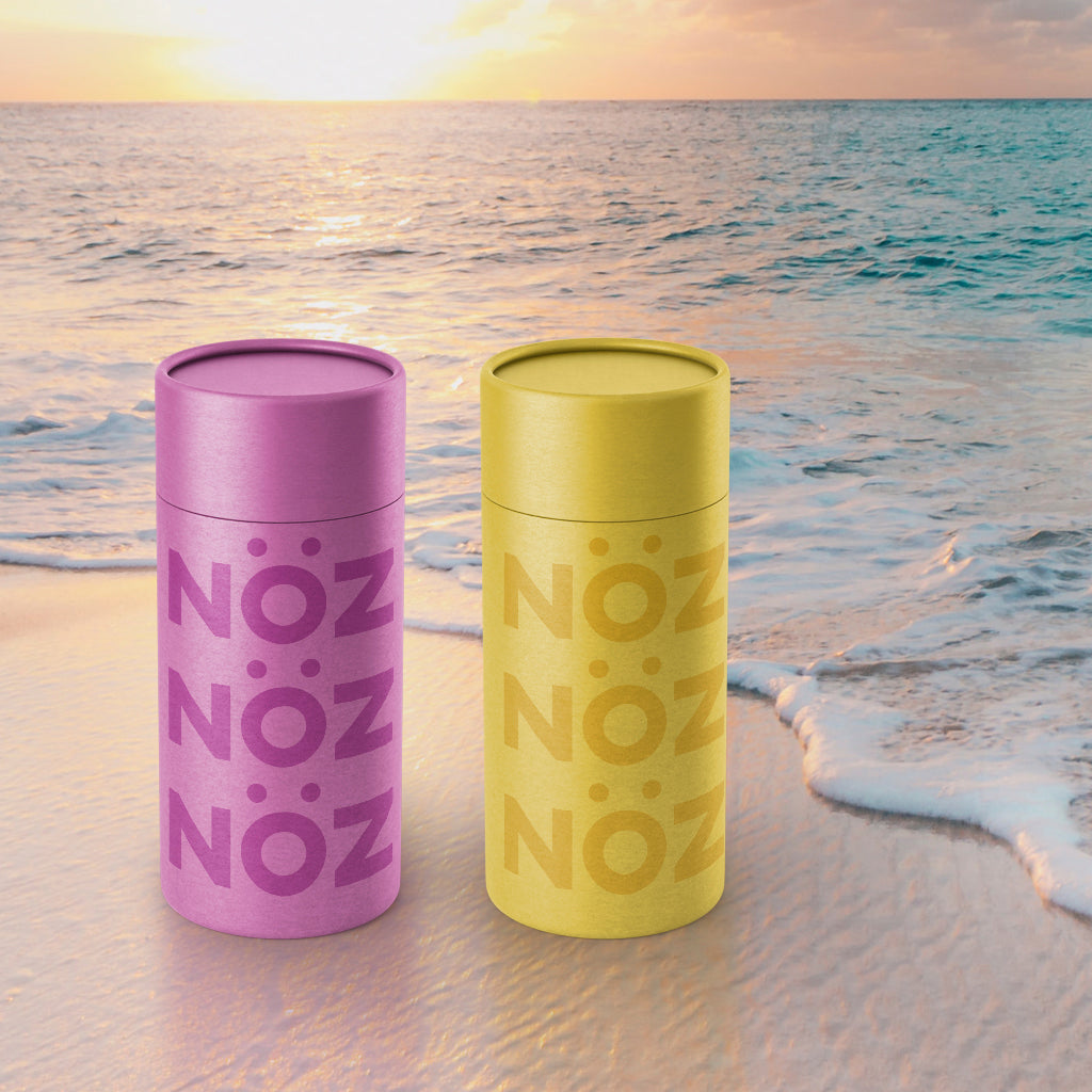 Power to the People and Canary So Merry Noz SPF 30, eco-friendly sunscreen sticks on the beach at sunset.